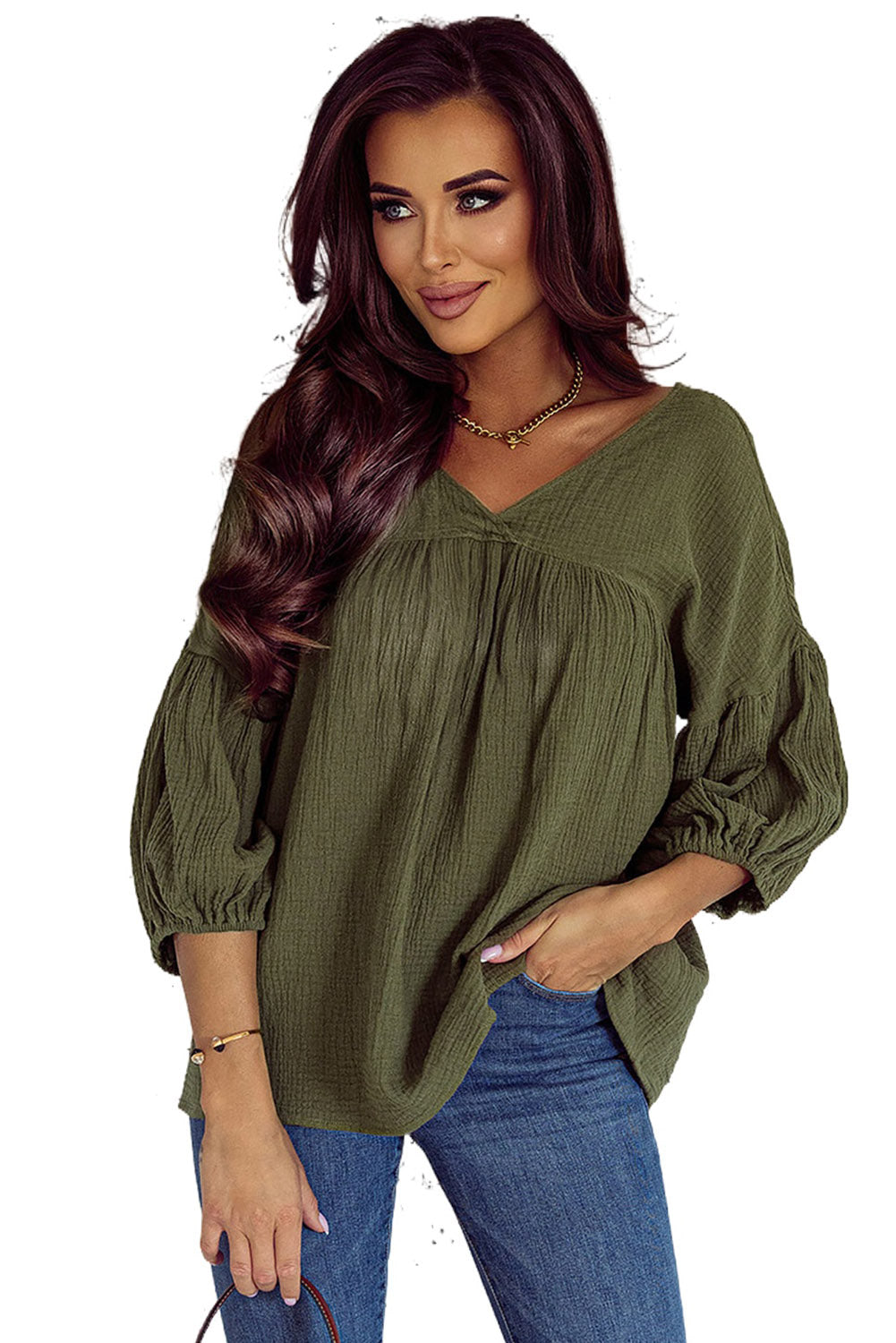 Green Textured V Neck Bracelet Sleeve Babydoll Blouse with Puff Sleeves
