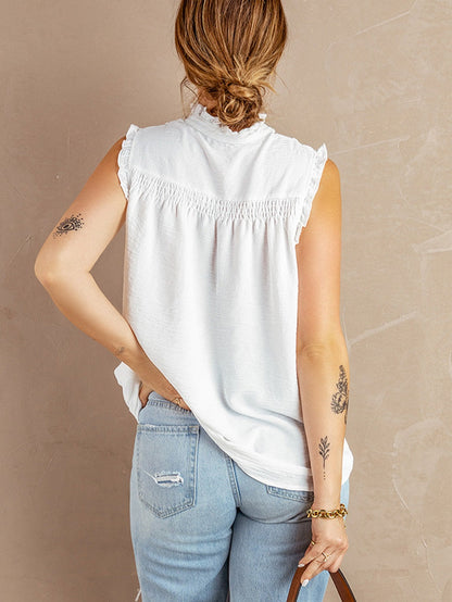 Flowy White Tank Top with Frills and Button Detail