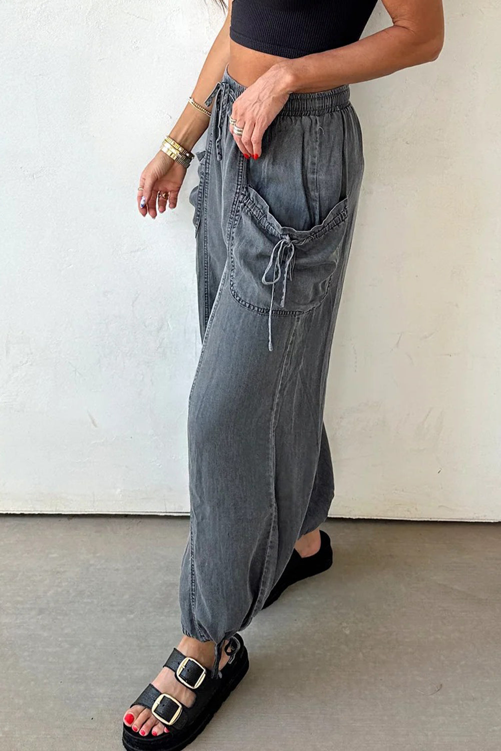 Medium Grey Drawstring Elastic Waist Pocketed Knot Hem Denim Joggers