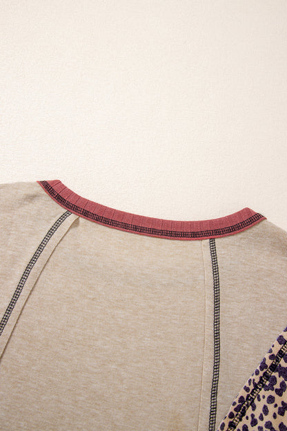 Khaki Leopard Serape Patchwork Stitched Pullover Blouse