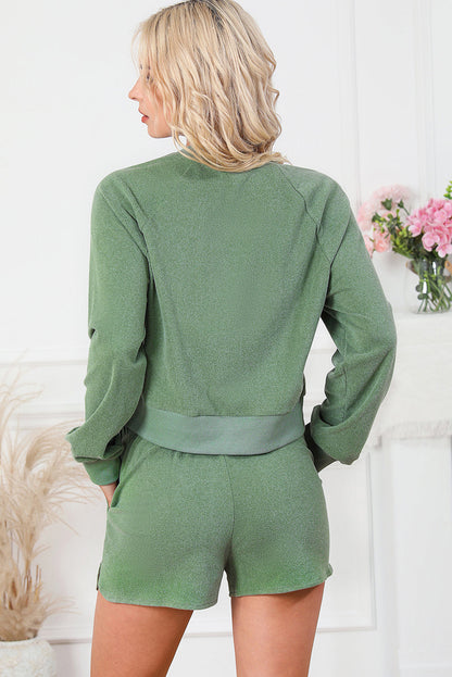 Green Cropped Fleece Lounge Set with Pullover Top and Shorts