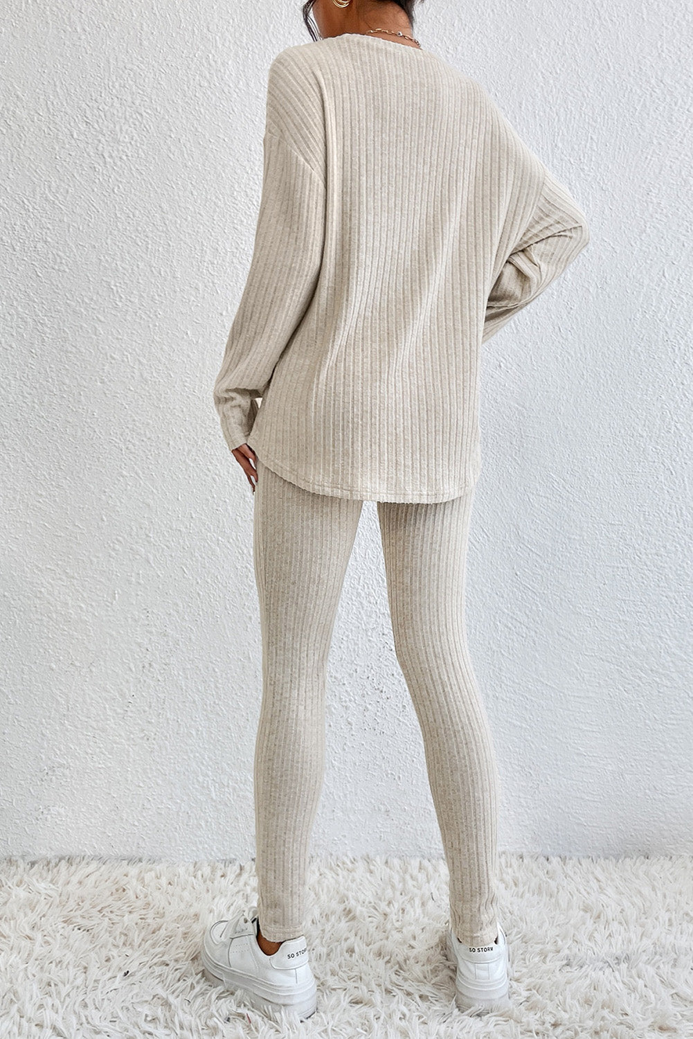 Apricot Ribbed Knit Lounge Set with Long Sleeve Top and Skinny Pants