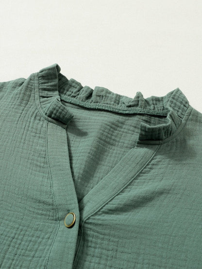 Green Crinkled Shirt with Frilled Split Neck
