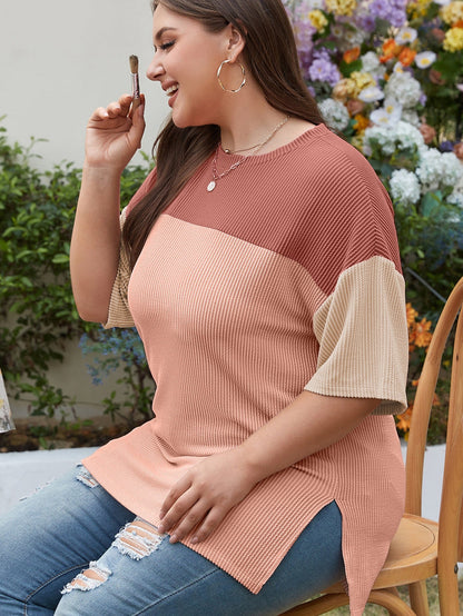 Rose Pink Plus Size Ribbed Colorblock T-shirt