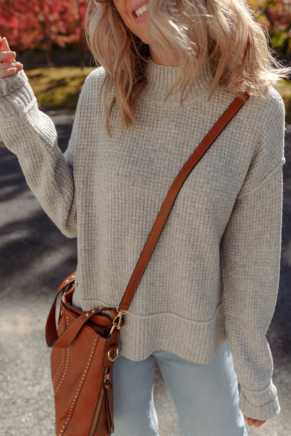 Gray Morn Waffle Texture Knit Ribbed High Neck Drop Shoulder Sweater