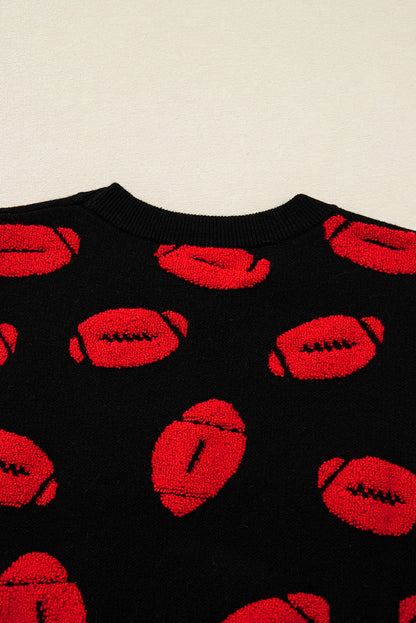 Black Rugby Print Casual Knit Short Sleeve Sweater