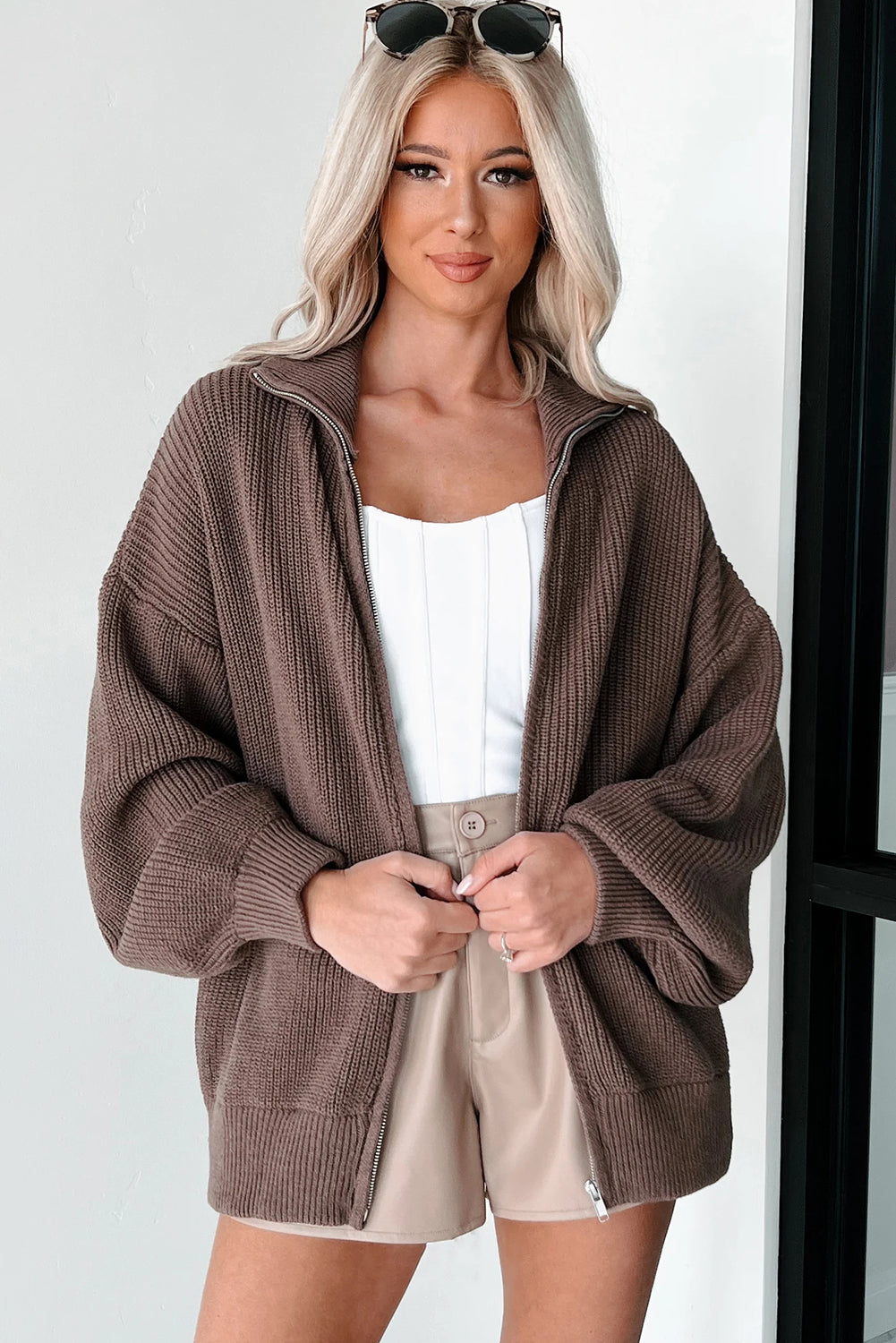 Chicory Coffee Drop Shoulder Collared Zip Up Sweater Cardigan