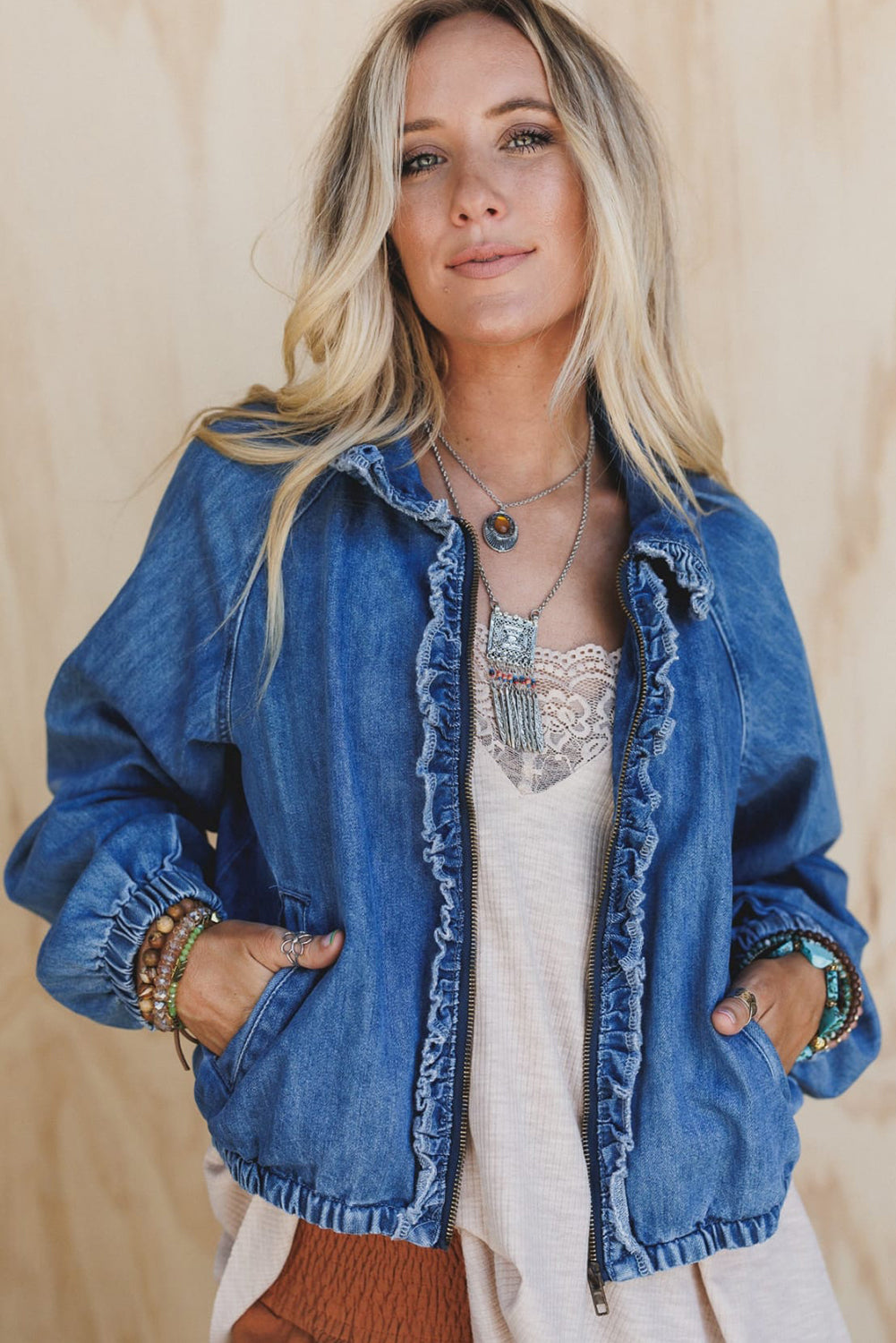 Real Teal Frilled Trim Zip Up Elastic Cuffed Denim Jacket