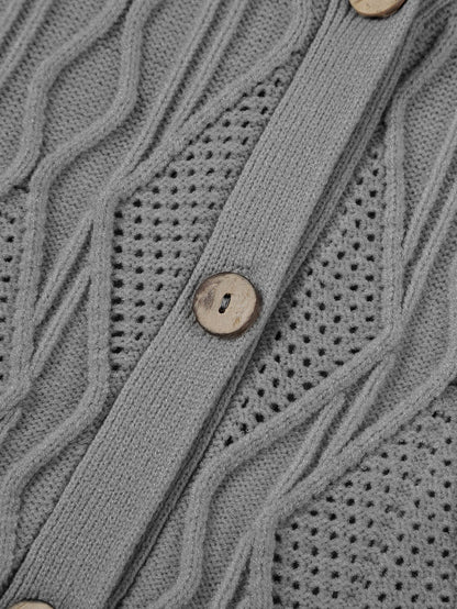 Cozy Gray Hollow Knit Plus Size Button-Up Cardigan