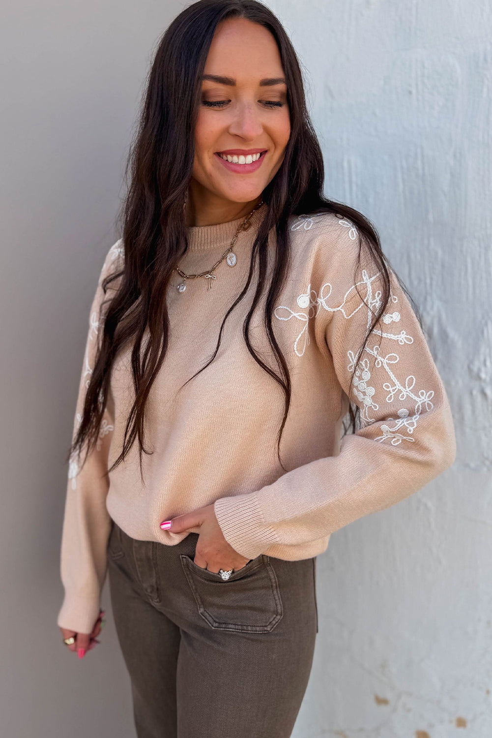 Parchment Contrast Embroidered Sleeve Ribbed Trim Casual Sweater