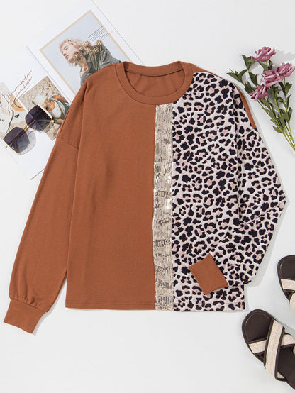 Golden Leopard Sequin Colorblock Long Sleeve Top