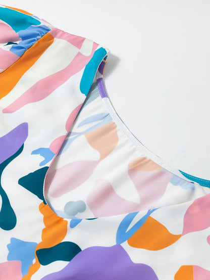 Sky Blue Geometric Print Puff Sleeve V Neck Top for Curvy Fashionistas