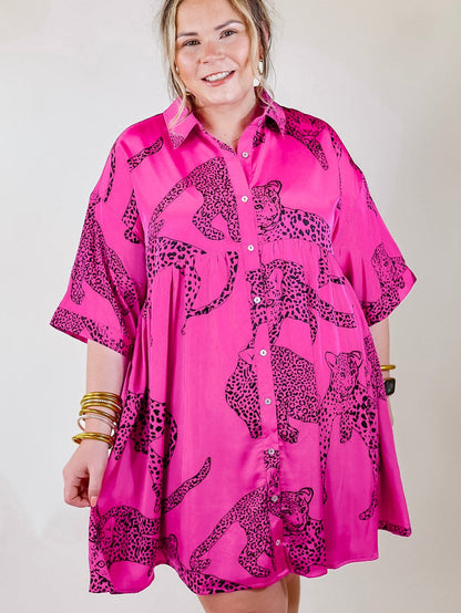 Rose Cheetah Print Half Sleeve Buttoned Plus Size Mini Dress