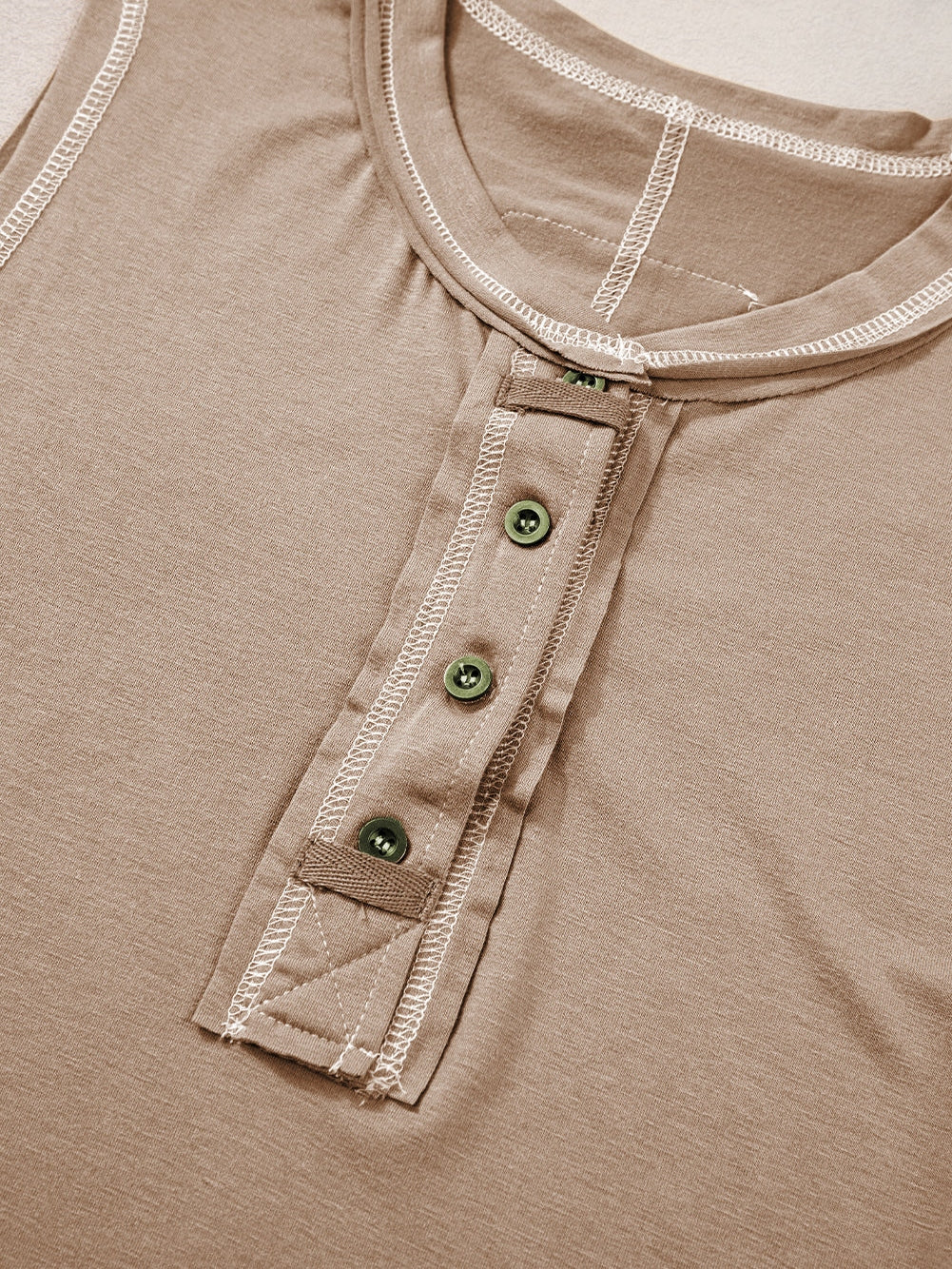 French Beige Henley Tank Top with Chic Contrast Stitching