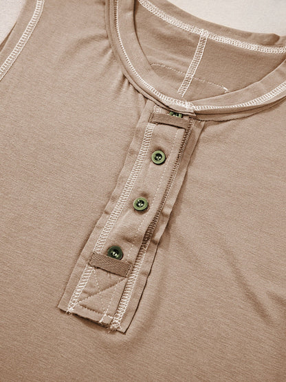 French Beige Henley Tank Top with Chic Contrast Stitching