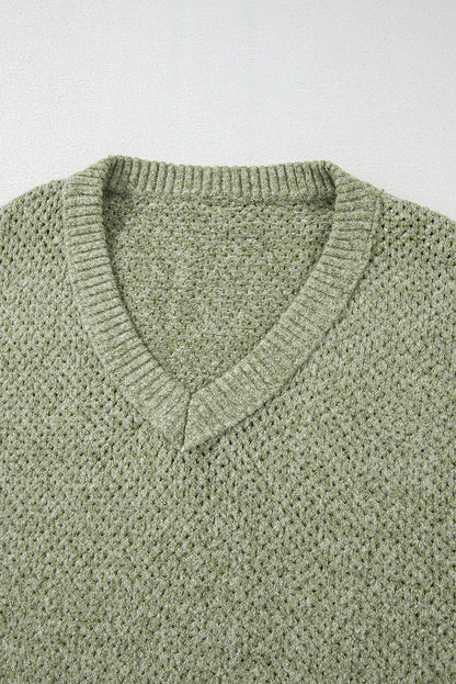 Jungle Green Loose Eyelet V Neck Drop Shoulder Sweater