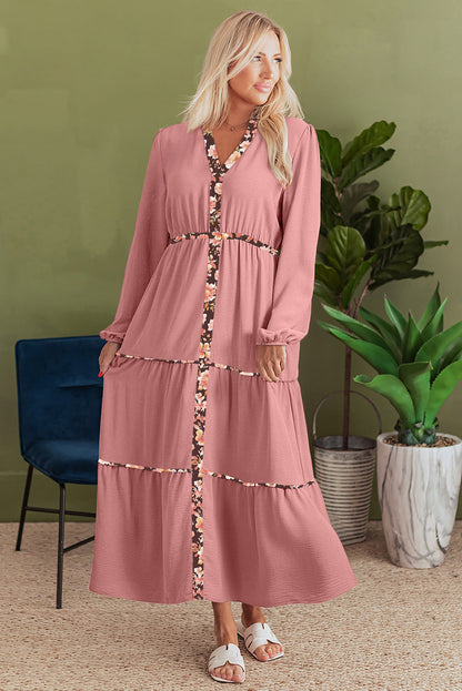 Peach Blossom Floral Patchwork Detail Notched Neck Long Sleeve Maxi Dress
