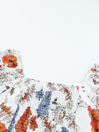 White Floral Smocked Flared Plus Size Dress