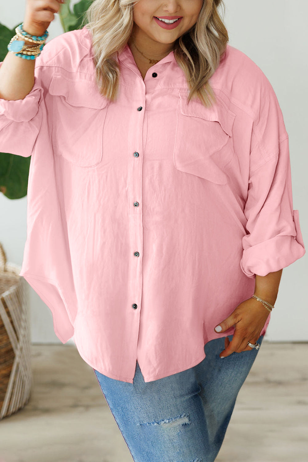 Rose Pink Roll-Tab Sleeve Plus Size Button-Up Shirt