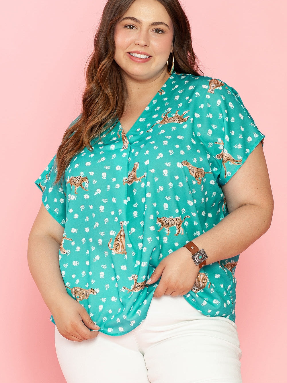 Green Cheetah Print V Neck Short Sleeve Plus Top