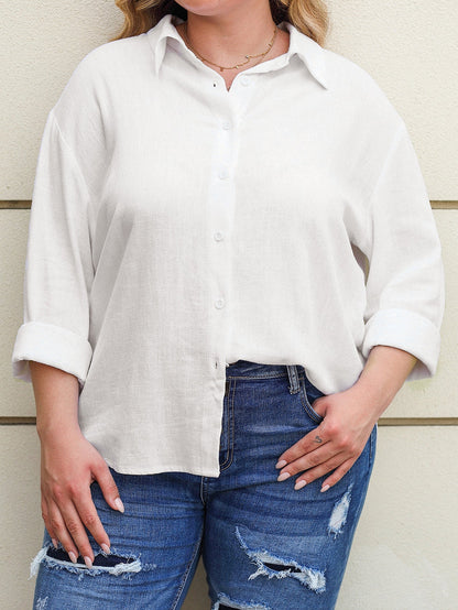White Plus Size Linen Textured Button Up Shirt
