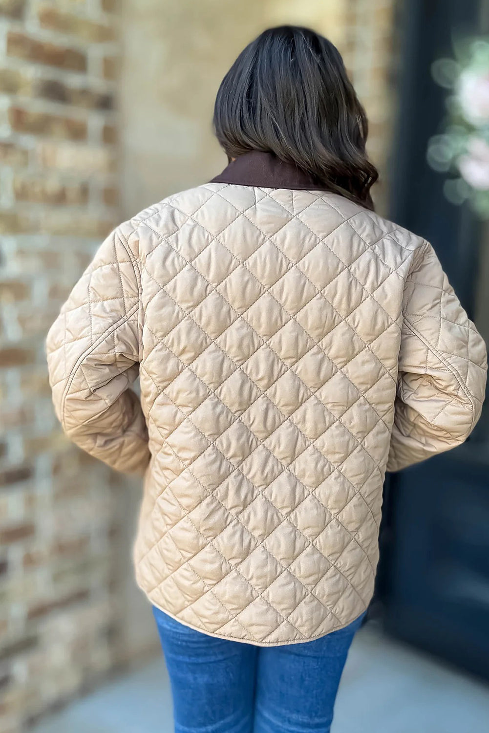 Parchment Snap Button Quilted Color Block Collar Pocketed Winter Jacket