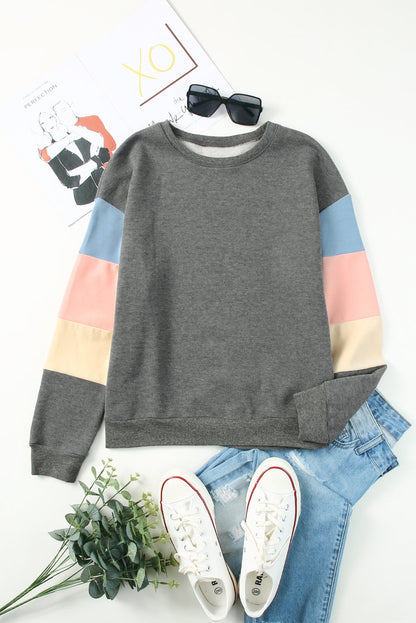 Gray Colorblock Pullover Sweater with Long Sleeves