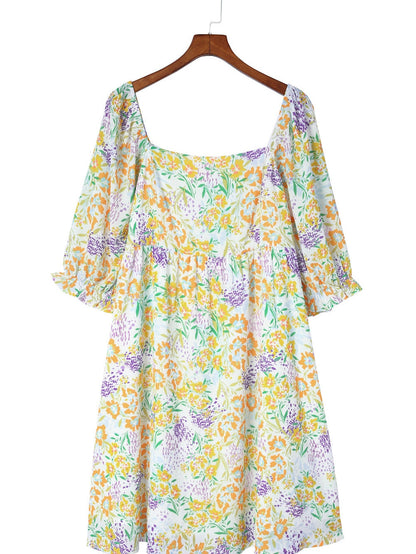 Floral Print Ruffle Sleeve Plus Size Mini Dress