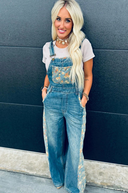 Peacock Blue Floral Patchwork Bib Denim Wide Leg Overalls