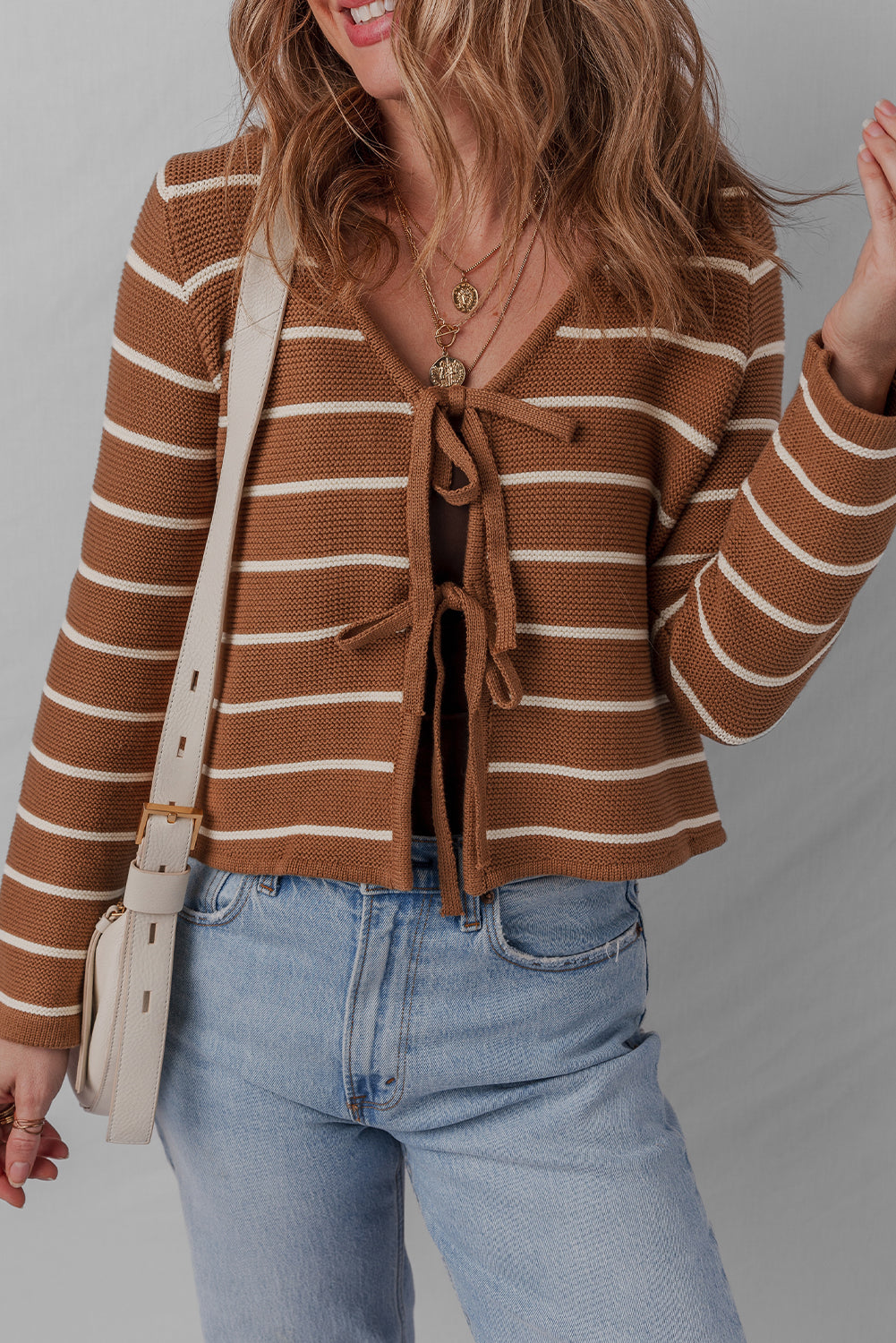 Chestnut Tie Front Striped Knit V Neck Cardigan Sweater