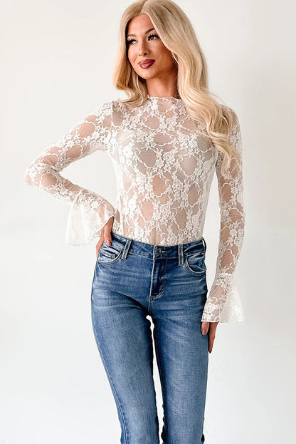 White Sheer Floral Lace Mock Neck Bell Cuff Long Sleeve Top
