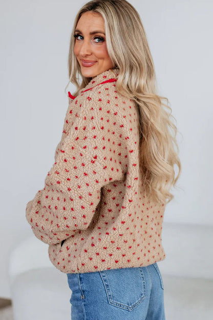 Khaki Snap Button Contrast Trim Neck Dotty Allover Sherpa Pullover Sweatshirt