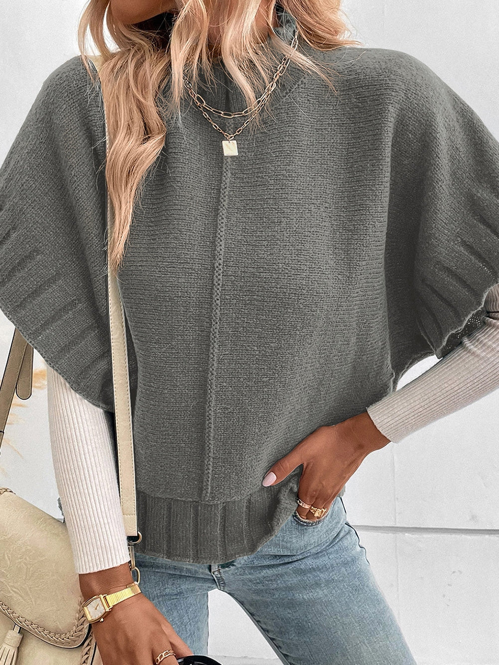 Grey Batwing Knit Sweater with Mock Neck