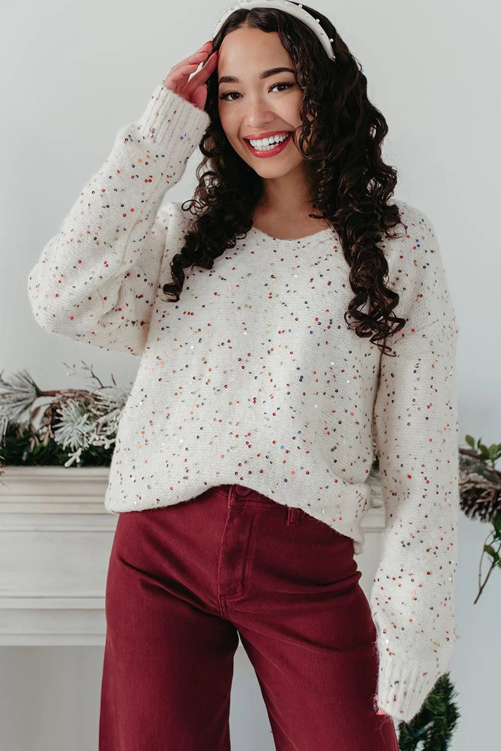 White Sequin Confetti V Neck Drop Shoulder Sweater