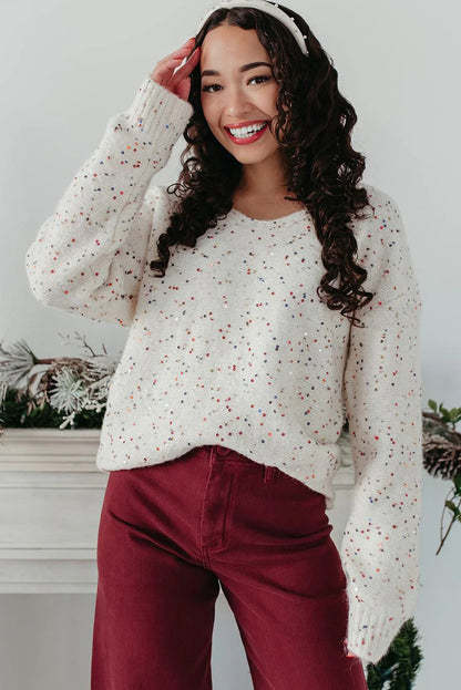 White Sequin Confetti V Neck Drop Shoulder Sweater