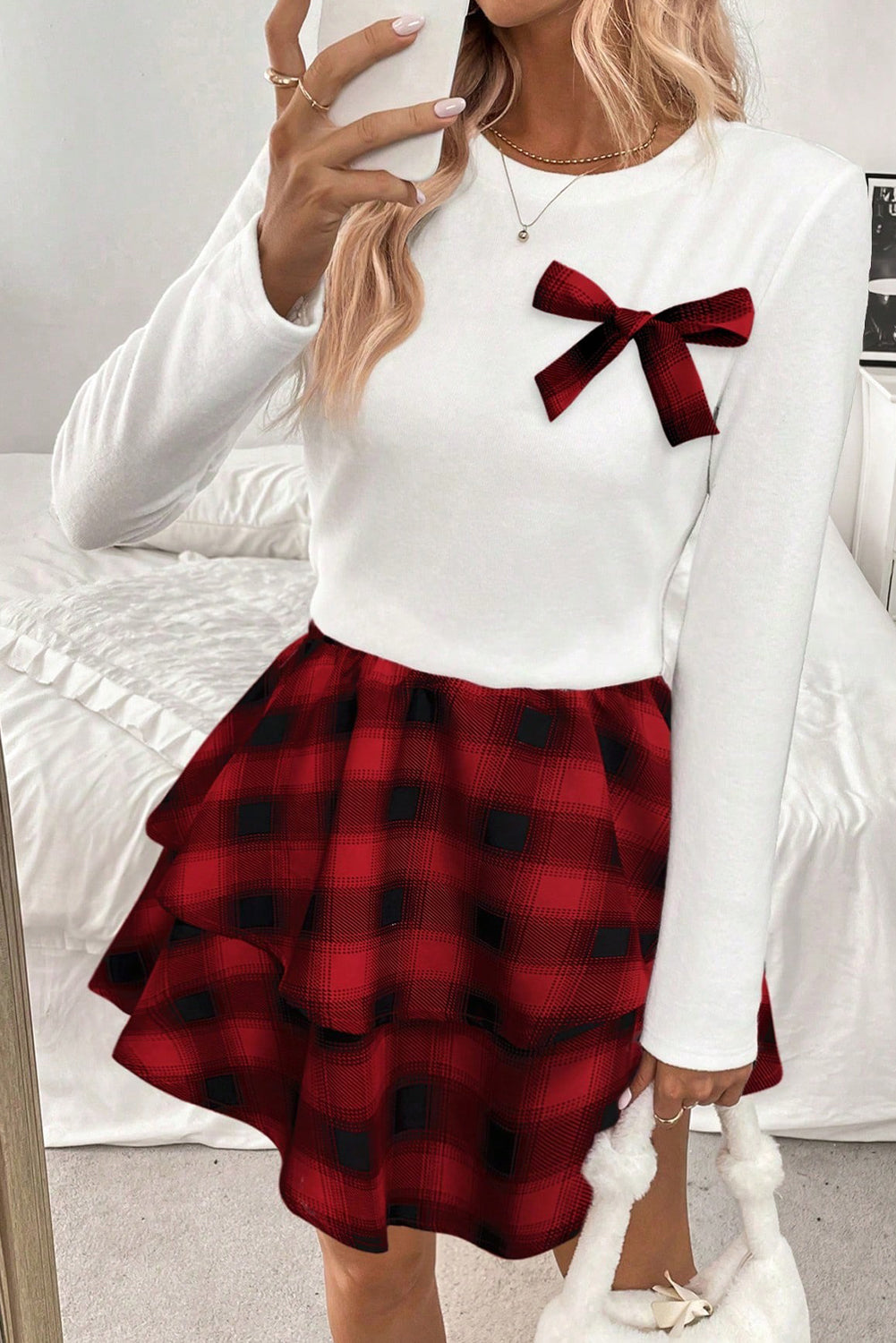 White Long Sleeve Tee Plaid Bow Decor Ruffle Mini Skirt 2pcs Set