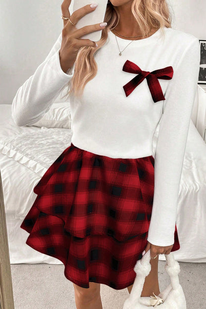 White Long Sleeve Tee Plaid Bow Decor Ruffle Mini Skirt 2pcs Set