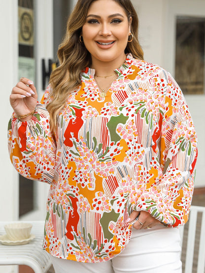 Orange Abstract Floral Frilled V-Neck Plus Size Blouse