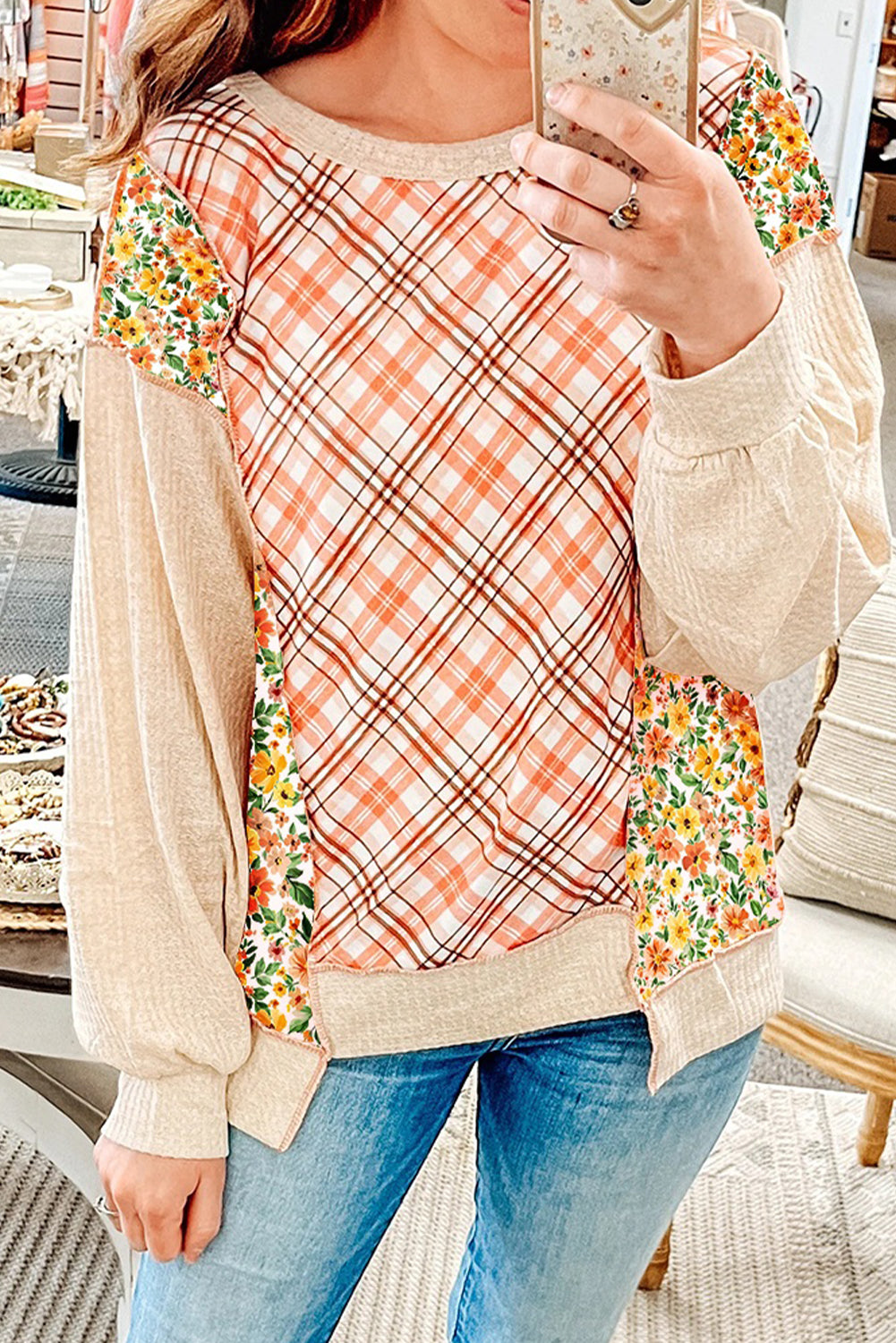 Beige Plaid Floral Mixed Pattern Patchwork Uneven Hem Textured Knit Top