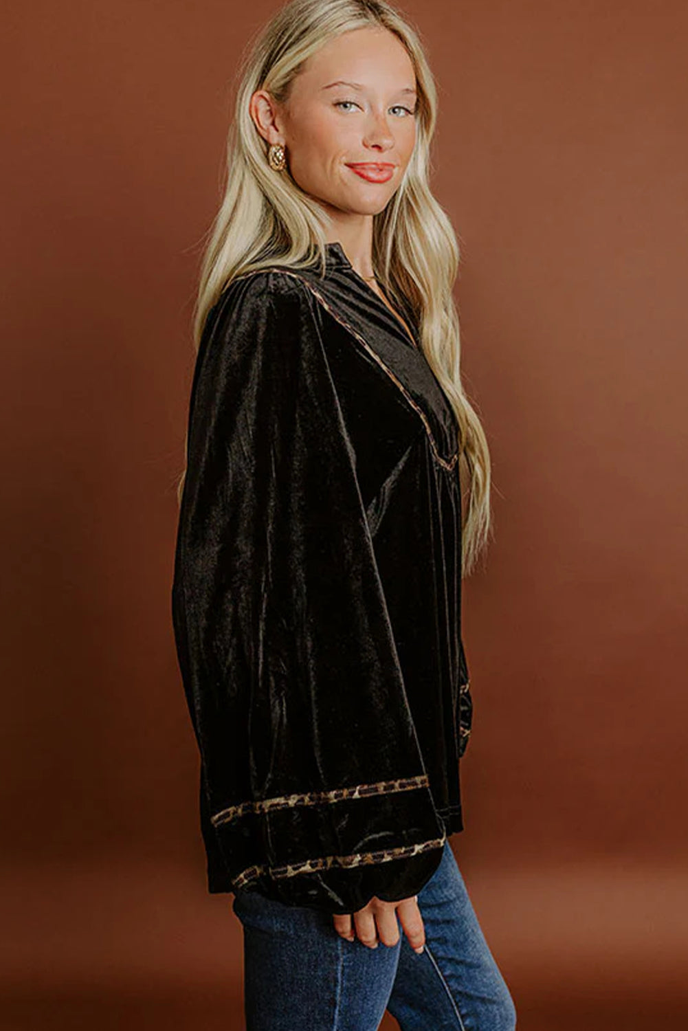 Black Velvet Notched Neck Leopard Trim Long Puff Sleeve Top