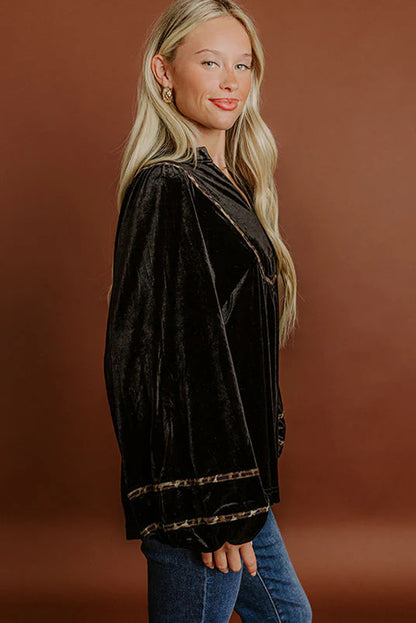 Black Velvet Notched Neck Leopard Trim Long Puff Sleeve Top
