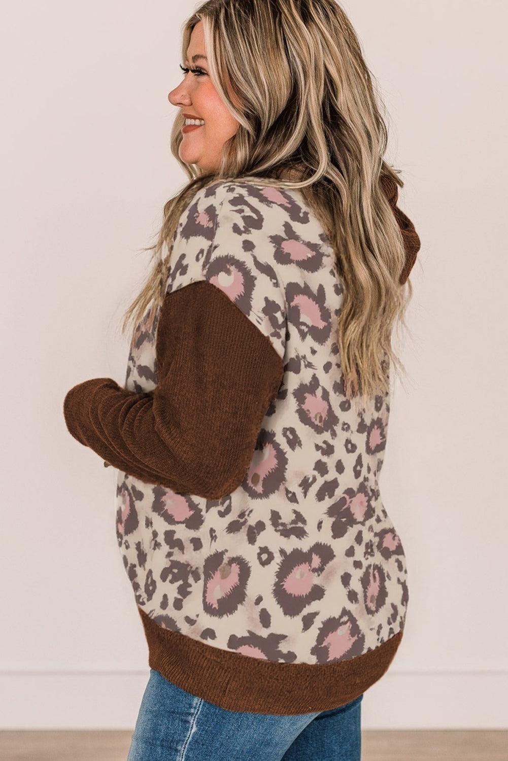 Brown Leopard Print Knit Patchwork Plus Hoodie