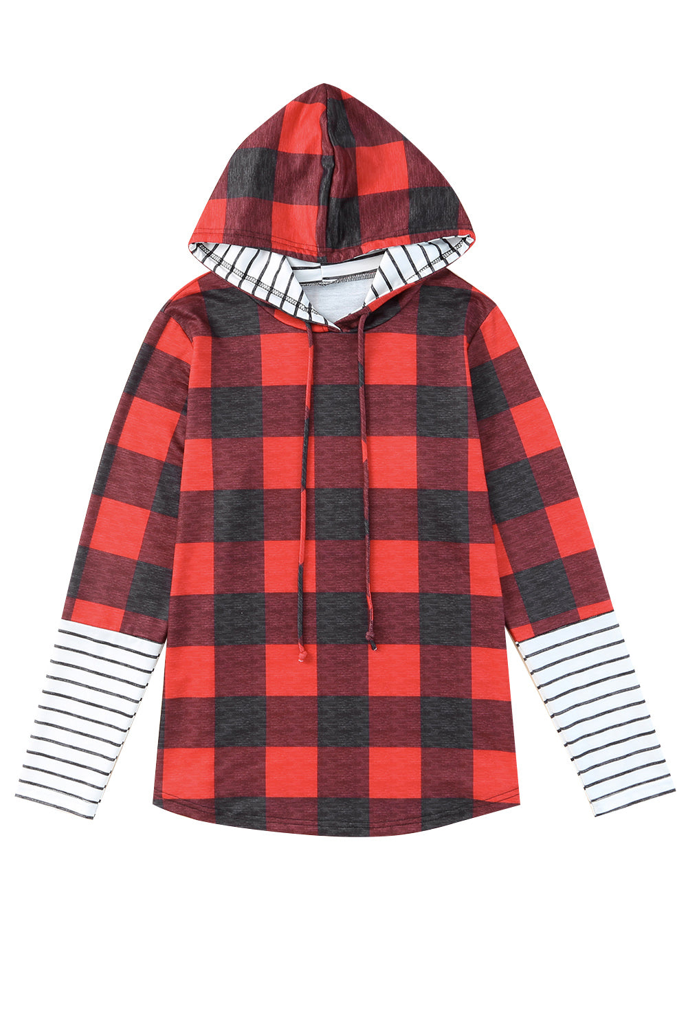 Fiery Red Christmas Plaid Striped Hooded Patchwork Sweatshirt