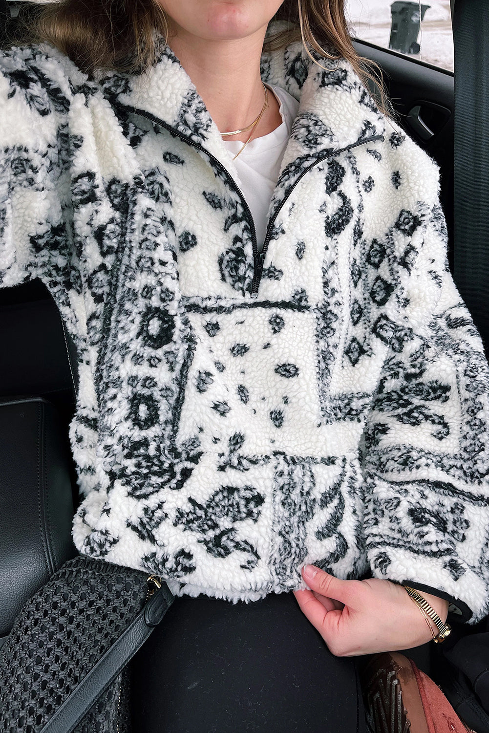 Black Sherpa Quarter Zip Western Print Oversize Sweatshirt