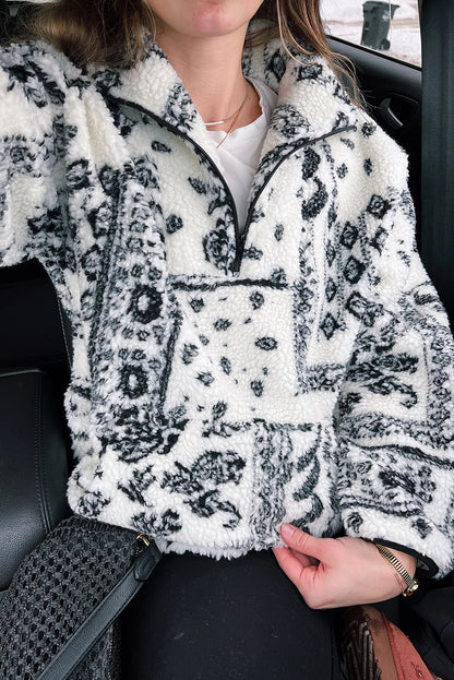 Black Sherpa Quarter Zip Western Print Oversize Sweatshirt
