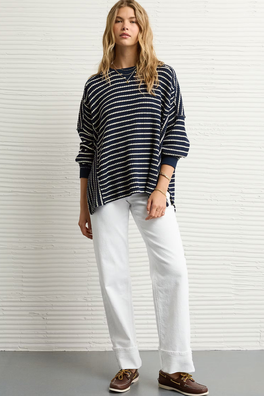 Blue Stripe Ribbed Patchwork Drop Shoulder Side Slit Oversize Sweatshirt