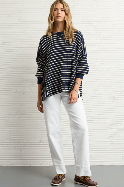 Blue Stripe Ribbed Patchwork Drop Shoulder Side Slit Oversize Sweatshirt