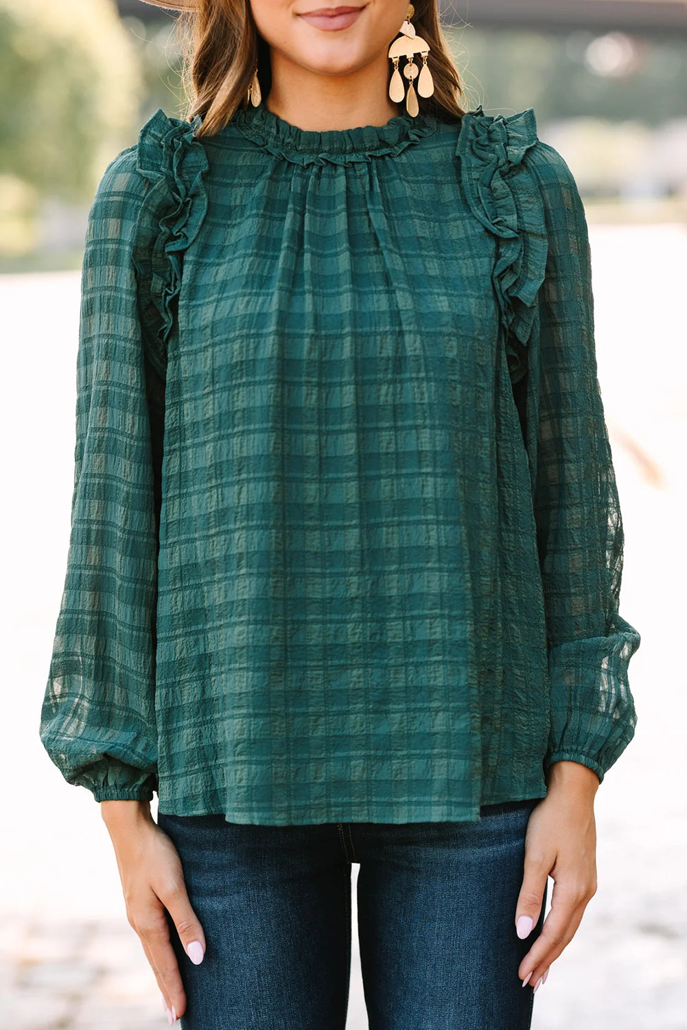 Skobeloff Solid Color Textured Ruffled Detail Long Sleeve Blouse