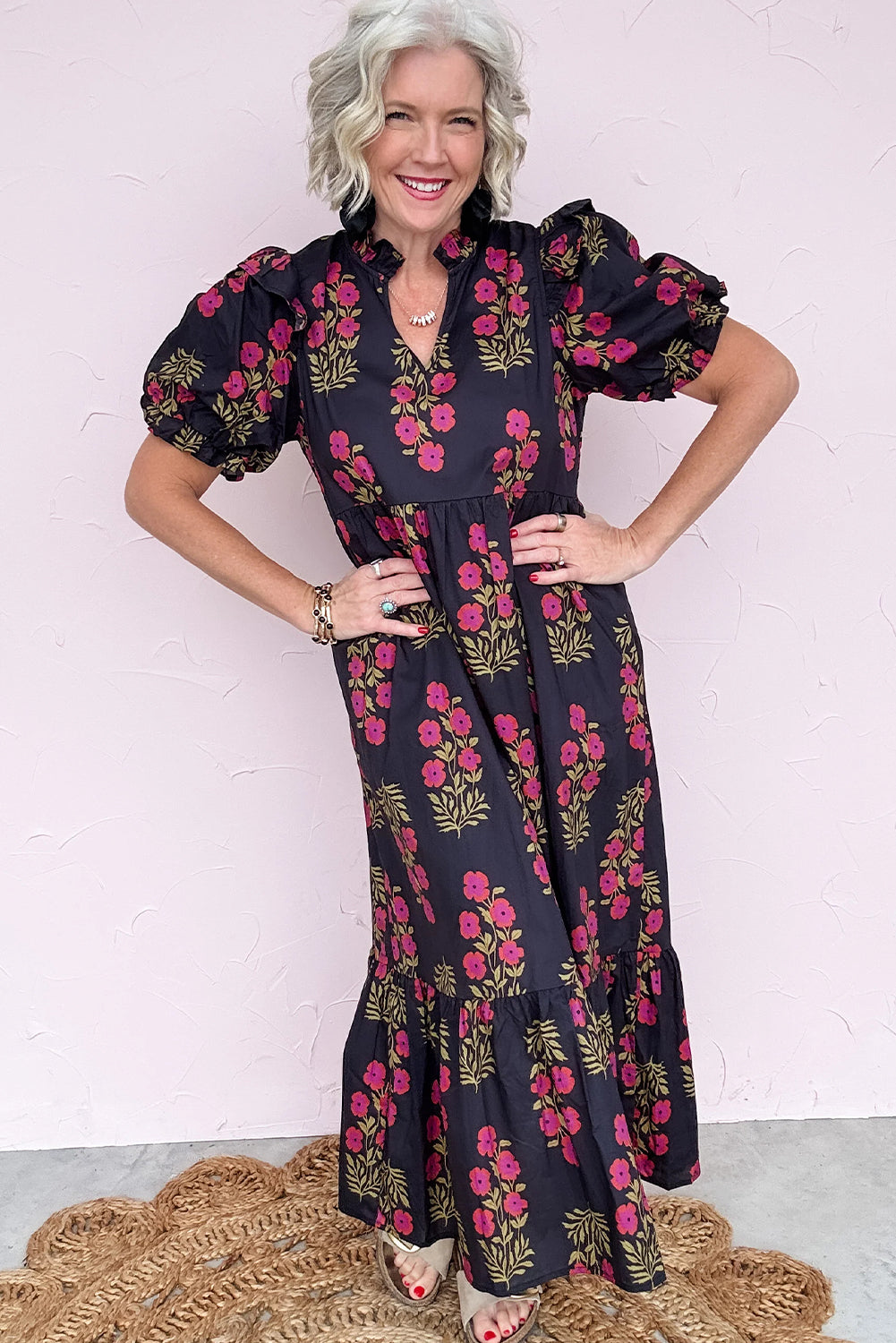 Beige Floral Short Bubble Sleeve Tiered Maxi Dress