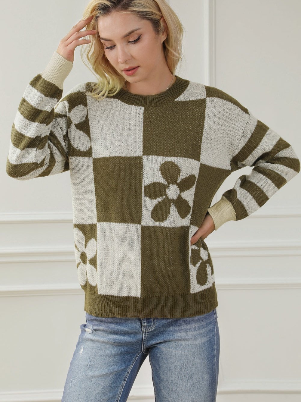 Green Checkered Floral and Striped Sleeve Sweater with Round Neck
